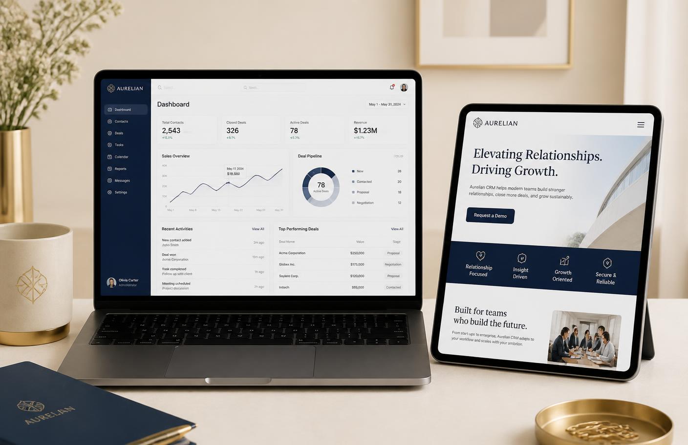 Laptop and tablet showing a CRM dashboard and a business website